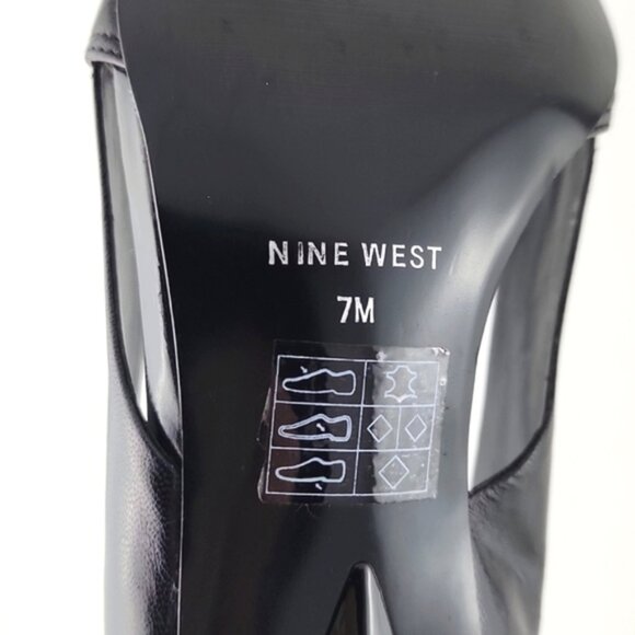 Nine West Black Leather Square Open Toe Side Cutout Patent Heel Shoes Size 7M - Picture 14 of 15